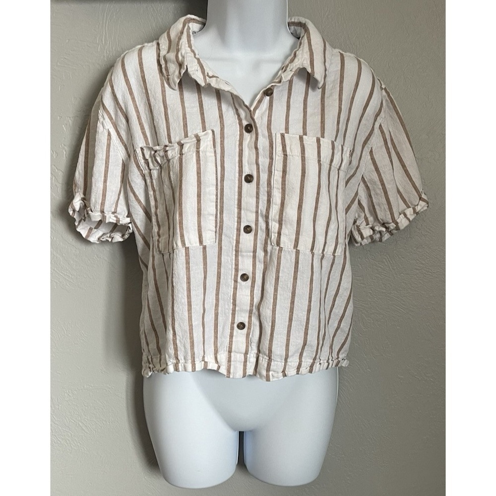 Alexander Jordan Collared Short Cuffed Sleeve Shirt Women XL White Brown Striped